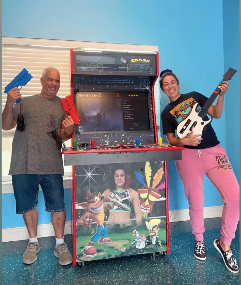 Bayley with the finished Bay-Cade arcade