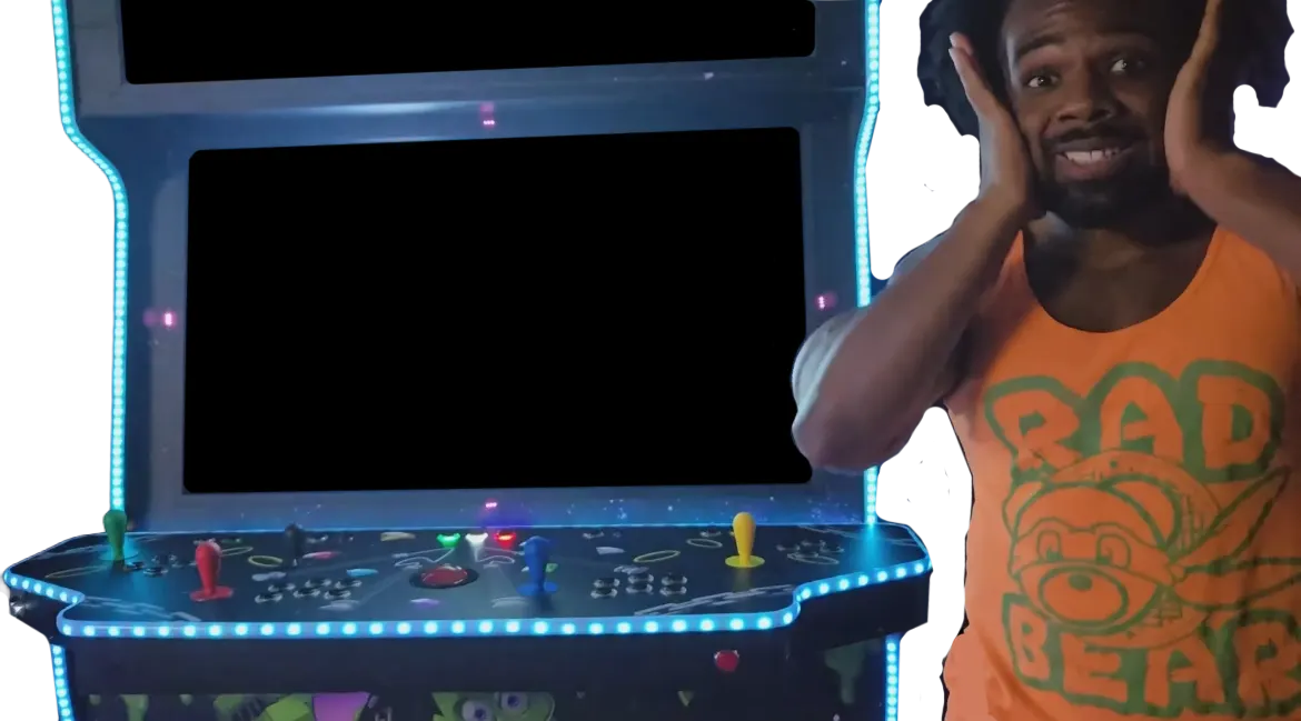 Xavier Woods with the finished New Arcade DAAAAAAY arcade